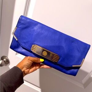Sam Edelman Cobalt Blue Leather Clutch Bag with Silver and Gold Metal Hardware
